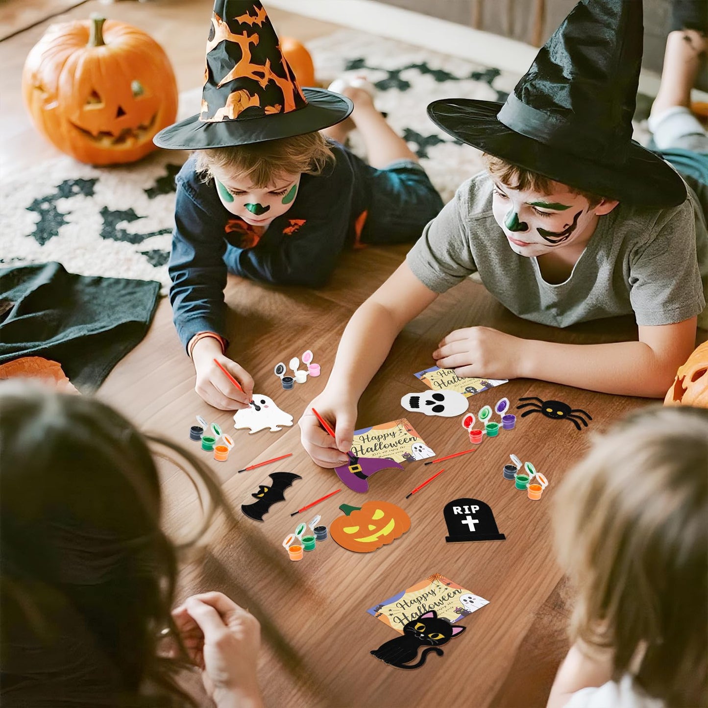 Bafeil 24-Set Halloween Painting Crafts 4", Wooden Cutouts Arts and Crafts, DIY Wooden Fridge Magnets Halloween Party Supplies, Party Favors Gifts Family School Activities Games Goodie Bag Stuffers
