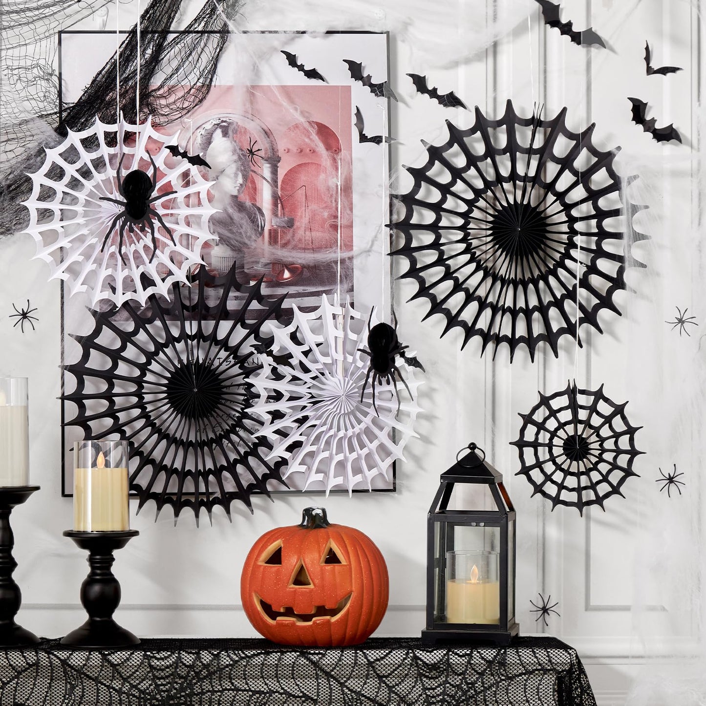 Spider Webs Halloween Decorations with 5 Black White Paper Fans, 6 Fake Spiders and 12 Bat Wall Stickers for Wall Indoor Outdoor Halloween Party Decor