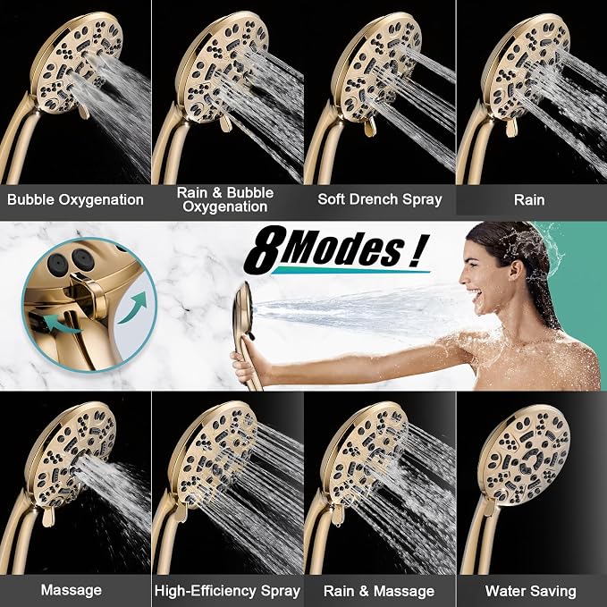Cobbe 8-Setting Handheld Shower Head Bathroom Showerhead Set - Detachable Shower Heads with 5ft Stainless Steel Hose and Brass Swivel Bracket (Gold)