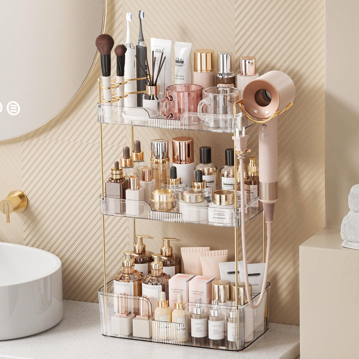 Weidace Bathroom Counter Organizer for Vanity, Makeup Organizer Countertop with Holder, Large Capacity Storage Rack, Perfect Large Skincare, Hair Care, Perfume, Easy to Install (Clear, 3Tiers)