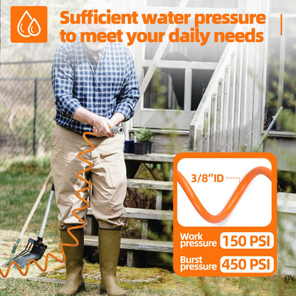 SPECILITE 3/8” Lightweight Coil Garden Hose 50 FT, EVA Retractable Curly Water Pipe with 6-Pattern Spray Nozzle for Boat, Greenhouse, Yard, Patio (Orange)