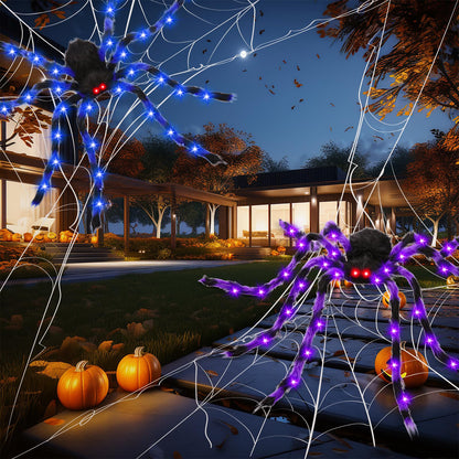 2 Pack 50" Halloween Light Up Spiders, Giant Hairy Spider Decorations with Blue and Purple LED Lights, Scary Indoor Outdoor Halloween Decor for Yard Porch Tree Party Haunted House