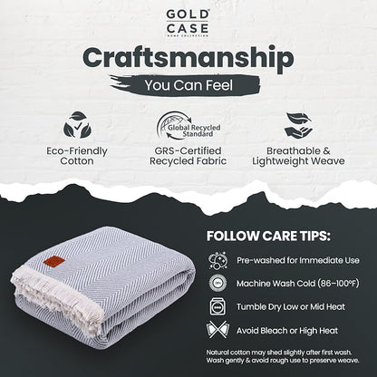 Gold Case Throw Blanket for Bed - 100% Recycled Turkish Cotton Blanket - Elegant Lightweight Soft Throw Blankets for Bed & Living Room - Queen Size Cozy Blankets - 90x90 - Grey