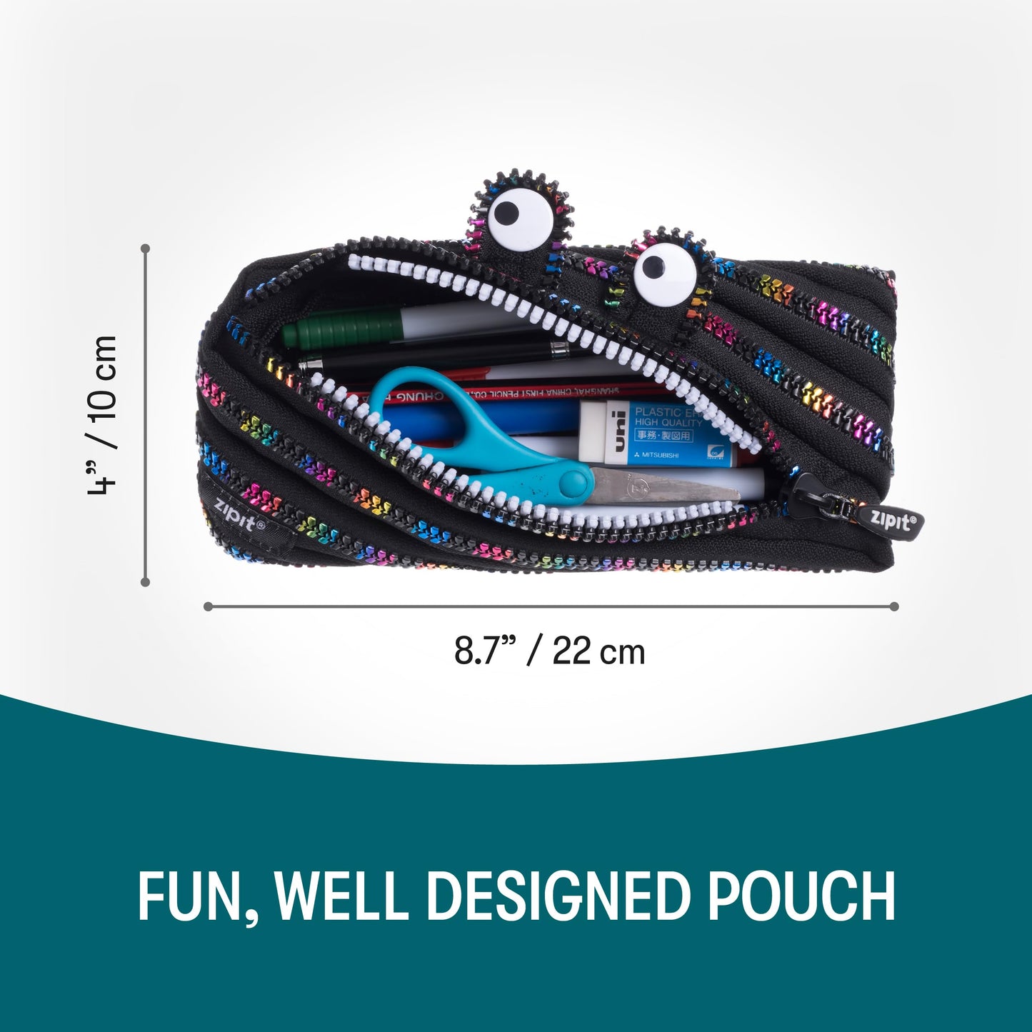 ZIPIT Monster Pencil Case for Kids, Cute Zipper Pouch for Boys Girls and Teens, Stationery Bag for School ,Black & Rainbow