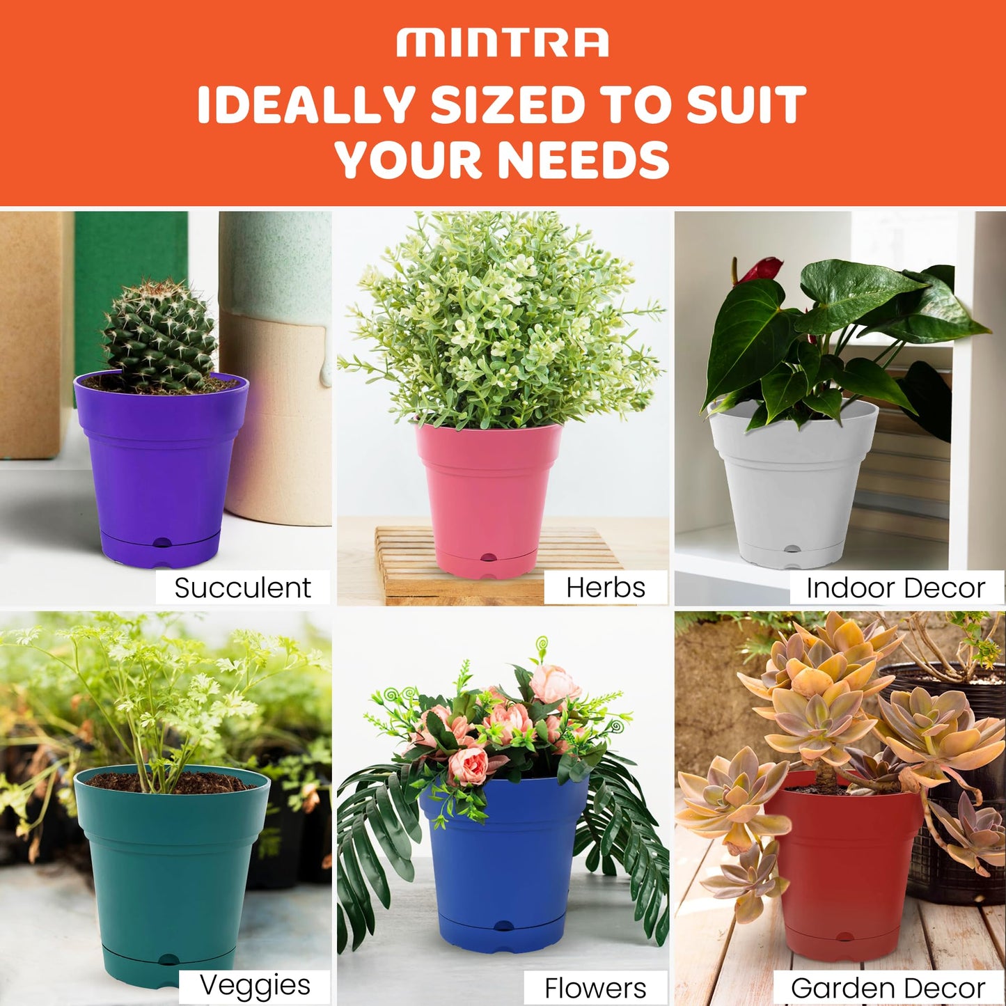 Mintra Plastic Round Planter Pots, Pack of 1 for Indoor & Outdoor Use, Garden Pots with Drainage Holes & Saucer Tray, Ideal for Home & Garden Decoration, 8.5" Diameter, 8.5" W x 8.75" H – Orange