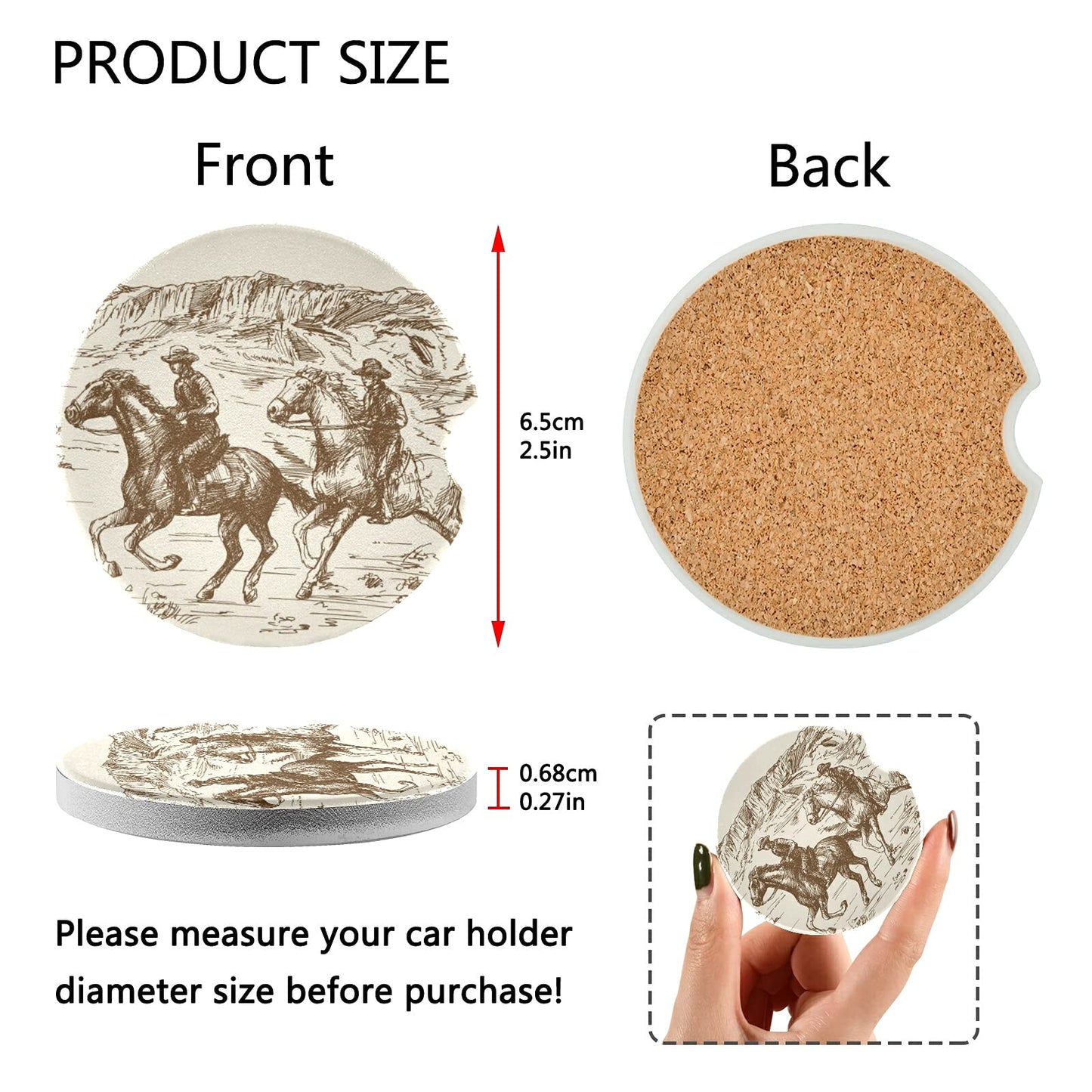 xigua Absorbent Car Coasters 2 Pack, Ceramic Coaster with Cork Back and Finger Slot, Western Desert Cowboy Car Cup Coasters 2.56"