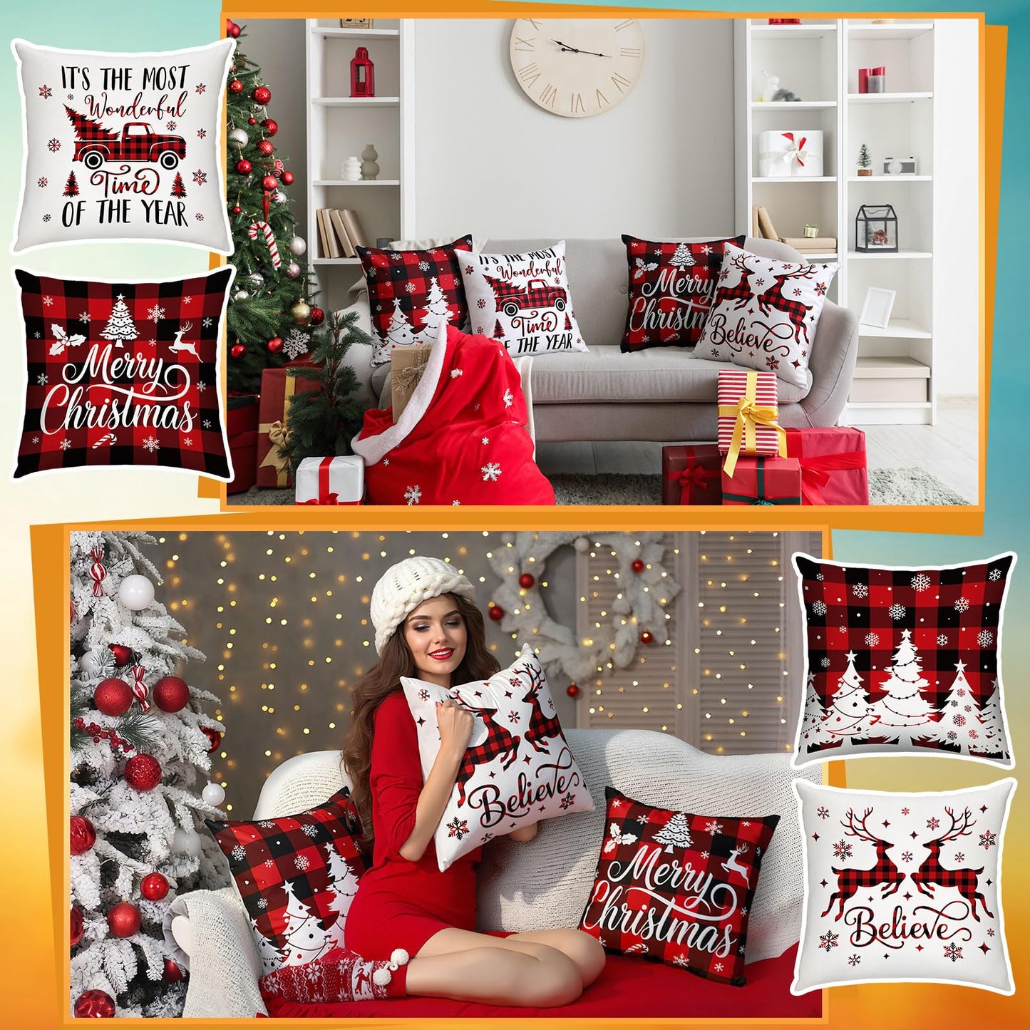 GlikCeil Set of 16 Christmas Pillow Covers 18 x 18 Inch Holiday Throw Pillow Covers Halloween Fall Winter Seasonal Pillowcases Decorative Cushion Pillowcases for Farmhouse Home Couch Sofa Decor