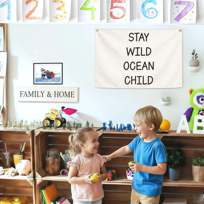 Nursery Canvas Banner Wall Decor-Hanging Rectangular Poster Flag Sign Art for Baby Kids Newborn Nephew,Bedroom Playroom Babyroom Door Decor,Stay Wild Ocean Child Quote,Christmas Gift 28.5"L x 20"W