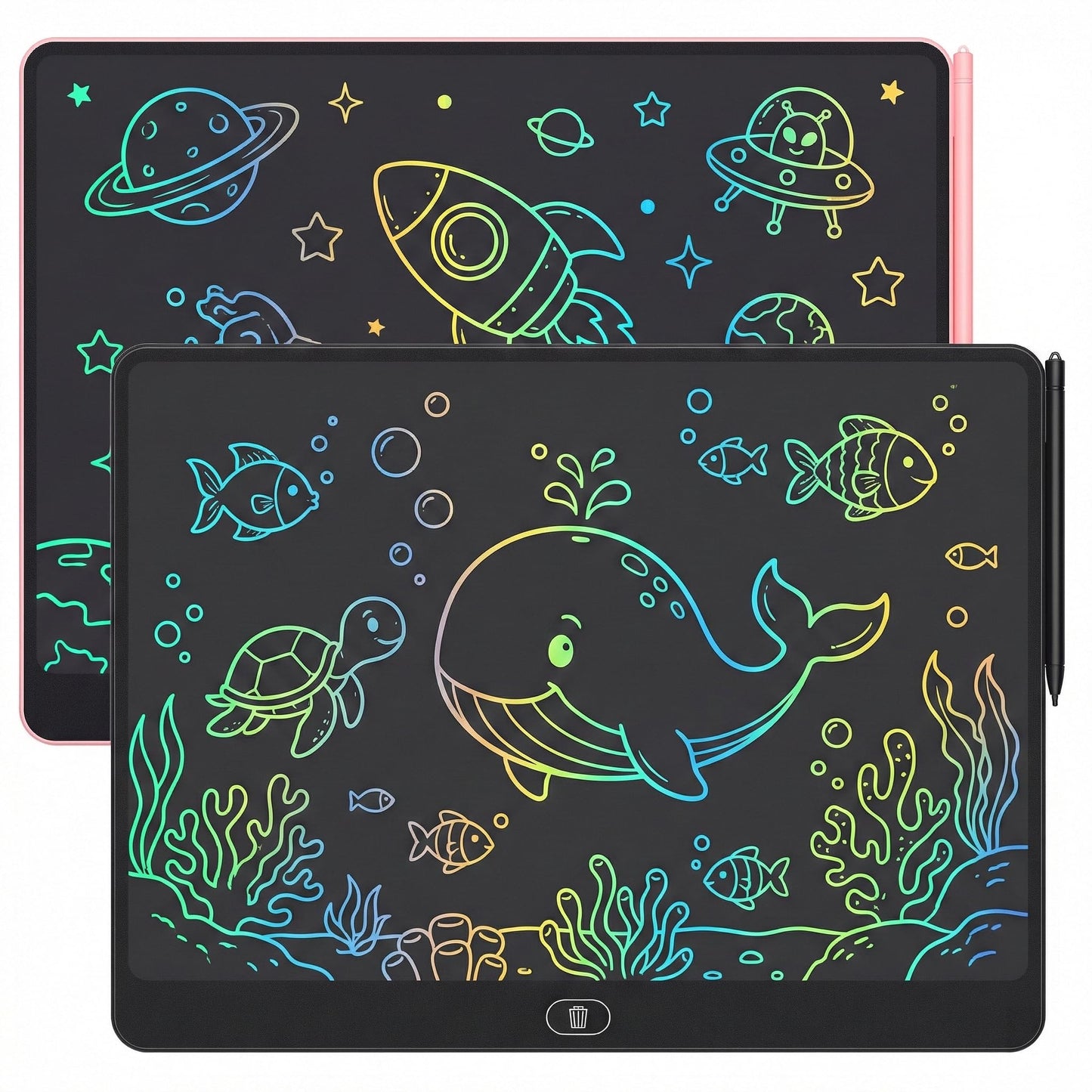 16 Inch LCD Writing Tablet for Kids 2 Pack, Large Drawing Board Doodle Pad, Colorful Screen Erasable Sketch Tablet, Travel Toys and Reusable Learning Gift for Boys Girls（Pink & Black