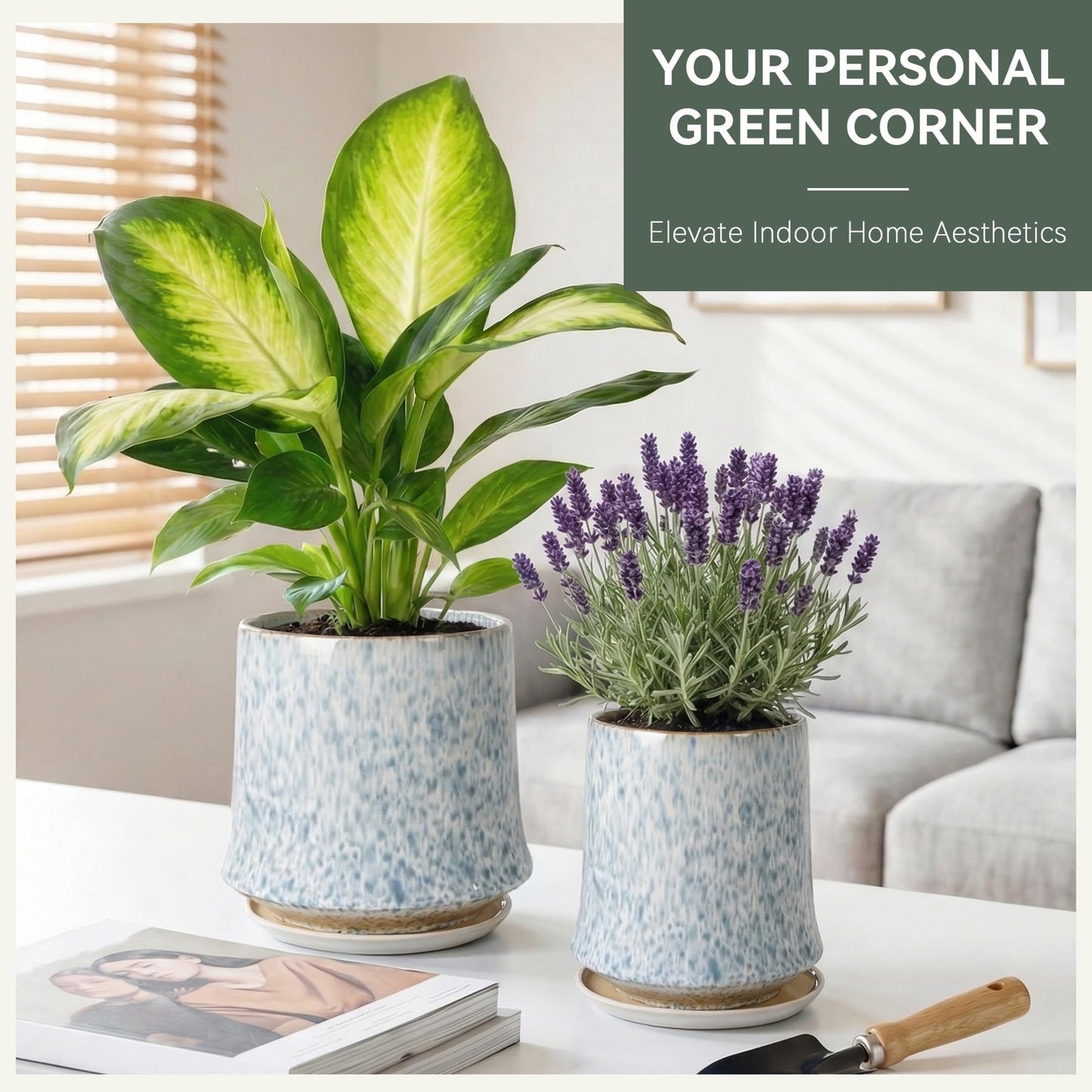 TOSELBAI 8 Inch Ceramic Planter Pot with Saucer Drainage Leak-Proof Mesh,Flower Pots for Lavender with Gardening Gloves,Ceramic Planter for Orchid(Light Blue)