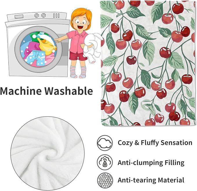 Cherry Blanket Fresh Red Fruit Throw Blankets with Green Leaves,Birthday Gifts for Kids Adult Women,Lightweight Soft Fleece,for Sofa Couch Bed Room Farmhouse Summer Decor 50x60in