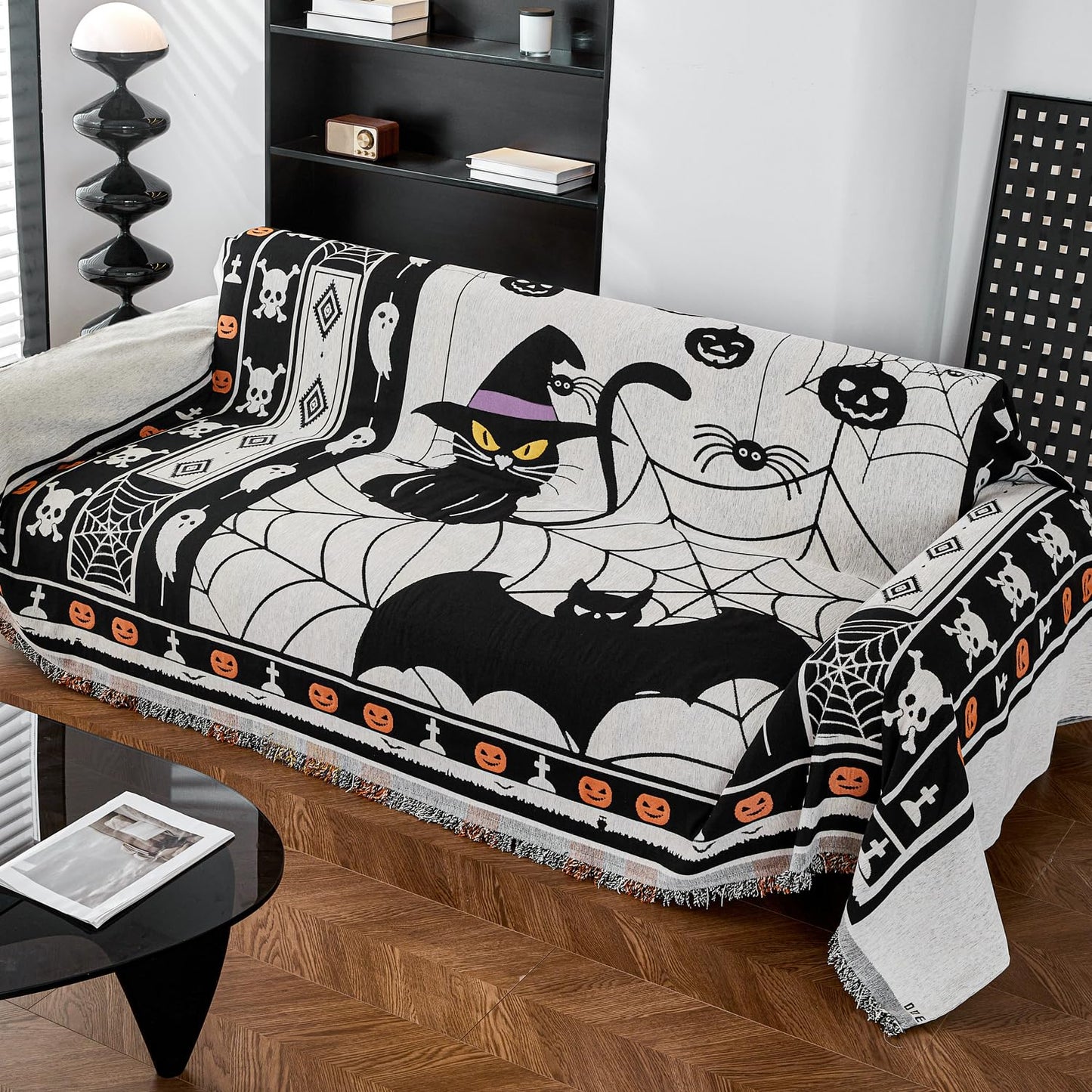 EVENHUG Halloween Theme Sofa Covers with Tassels Reversible Couch Cover for Pets Dogs Halloween Home Decoration Sofa Slipcover for 2-3 Cushion Couch Washable Chenille Couch Protector (71" X102")