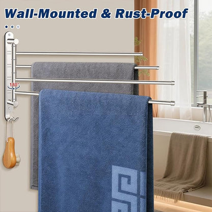 NearMoon Swivel Towel Rack, 19.5" Thicken 304 Stainless Steel 4-Arm Towel Bar, Space Saving Wall Mounted Towel Holder with Hook, Rustproof Swing Out Towel Hanger for Bathroom, Kitchen (Matte Black)