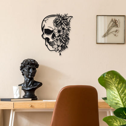 Rajukit Skull Wall Decor with Floral Accents - Gothic Wall Art 3D Metal Sculpture for Home, Halloween Decorations Outdoor & Goth Room Decor - Skeleton Eclectic Wall Art（14.4''x10.7''）