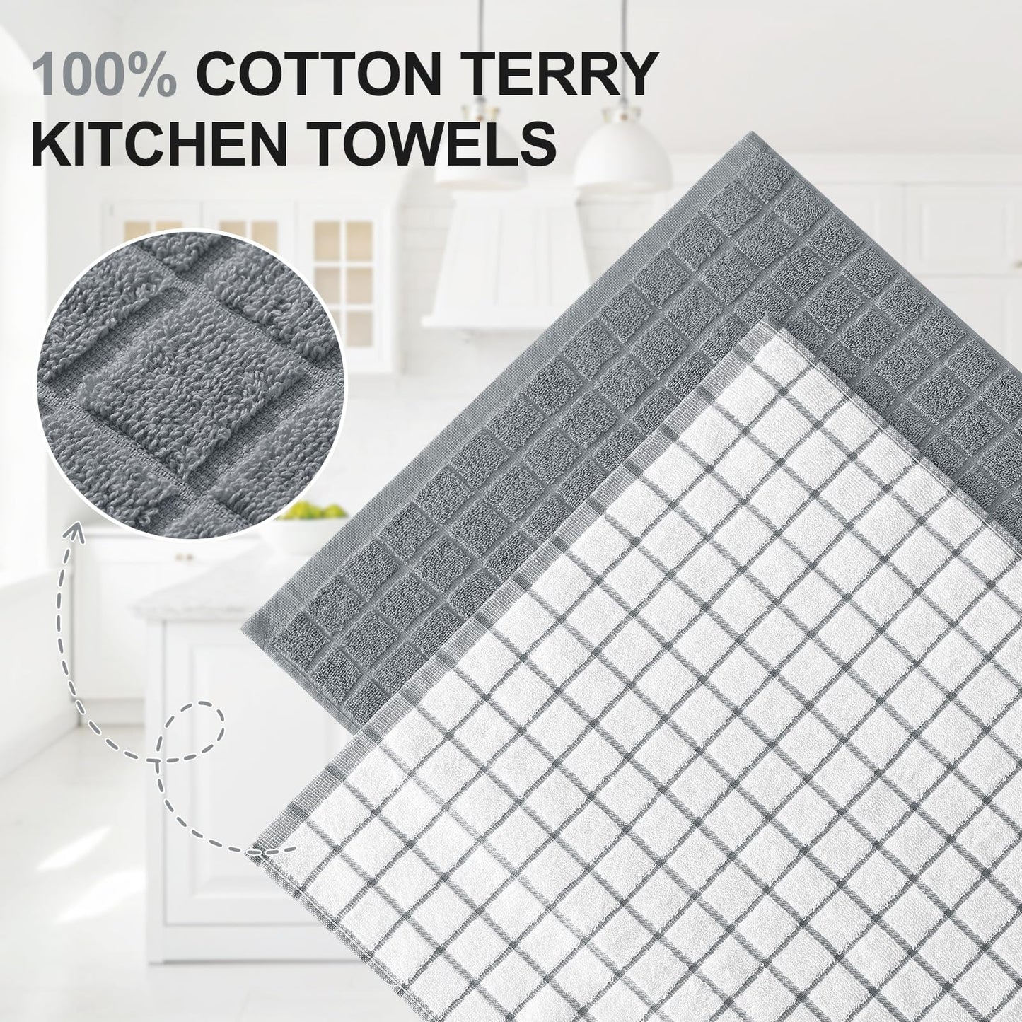 Homaxy Premium Cotton Kitchen Towels 16"x 28", Large Natural Ring Spun 390 GSM Dish Towels, Super Absorbent Terry Kitchen Hand Towels, Soft Tea Towels with Hanging Loop, Grey Check Design, 6 Pack