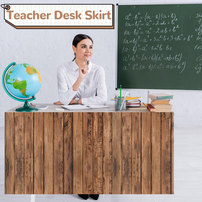 6FT Brown Wood Table Skirt Teacher Desk Skirt Classroom Table Cover for Back to School Decor Classroom Tables Cloths for First Day of School Supplies Office Bookcase Cabinet Decorations