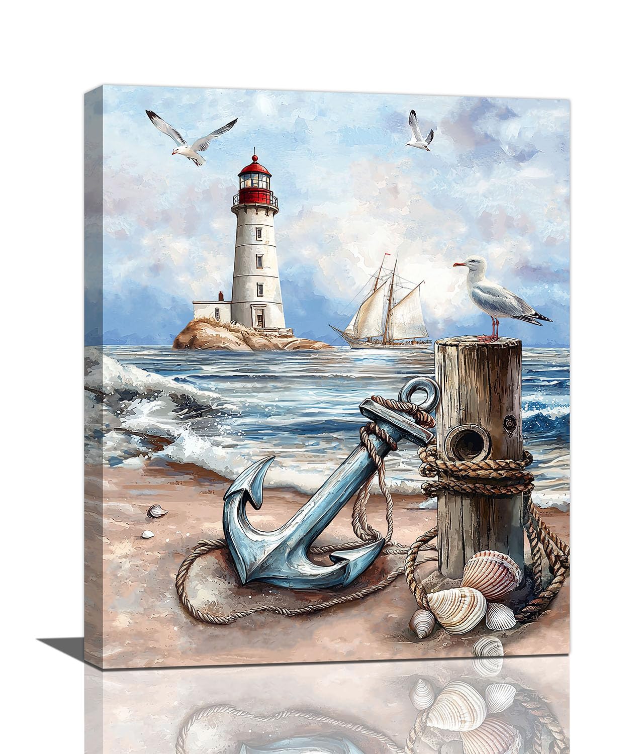 Nautical Wall Art Beach Lighthouse Anchor Pictures Wall Decor Coastal Canvas Prints Framed Paintings Artwork For Bathroom Kitchen Bedroom Dinning Room Living Room Office 16"x20"