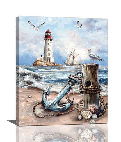 Nautical Wall Art Beach Lighthouse Anchor Pictures Wall Decor Coastal Canvas Prints Framed Paintings Artwork For Bathroom Kitchen Bedroom Dinning Room Living Room Office 16"x20"