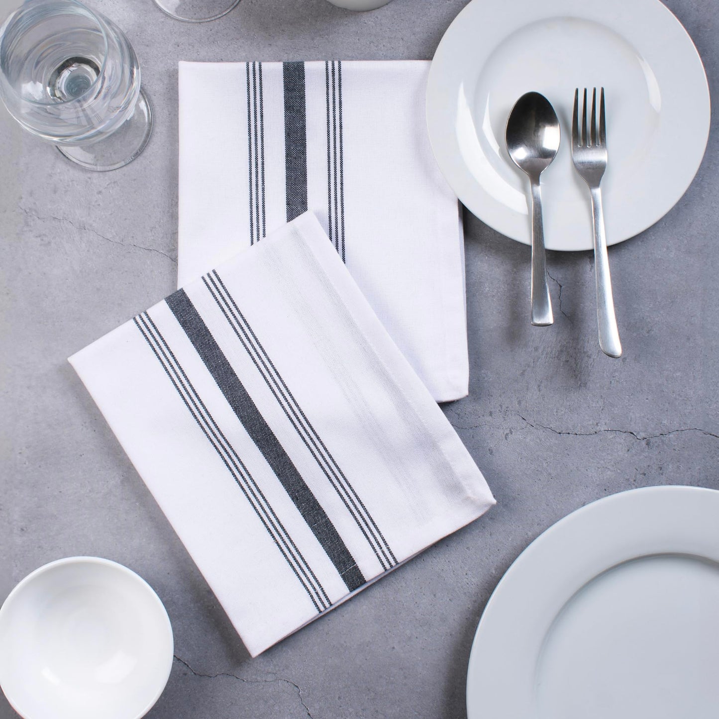 Blue Needles Set of 12 French Stripe Dinner Table Napkins 100% Cotton Napkins, 18x18 Inch, Absorbent, Soft, Reusable & Washable Restaurant Hotel Quality Spring Summer & Everyday Use - Black