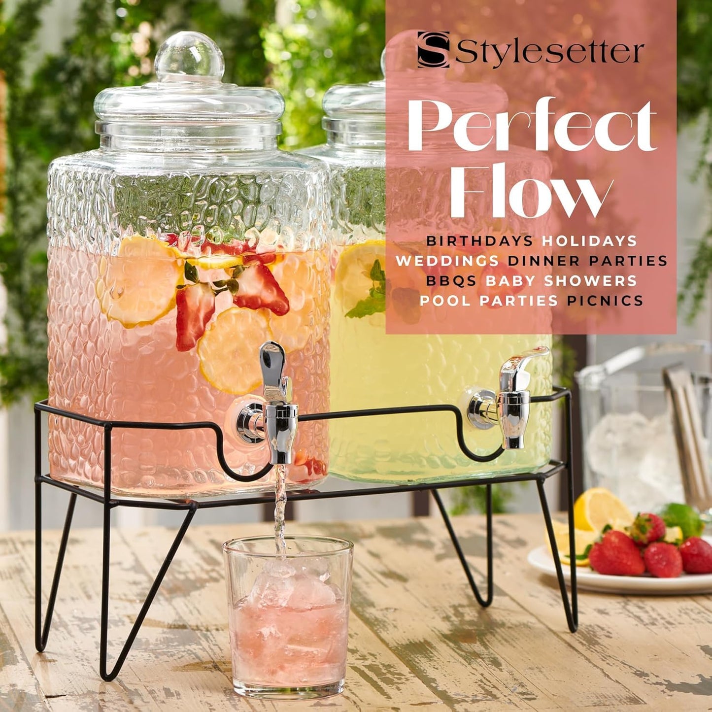 Style Setter Premium Glass Drink Dispensers with Metal Stand for Parties – Beverage Dispenser Set for Cold Drinks, Lemonade, Cocktails, Juice – Party Glass Drink Dispenser Station - 1.5 Gal, Set of 2