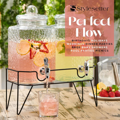 Style Setter Premium Glass Drink Dispensers with Metal Stand for Parties – Beverage Dispenser Set for Cold Drinks, Lemonade, Cocktails, Juice – Party Glass Drink Dispenser Station - 1.5 Gal, Set of 2