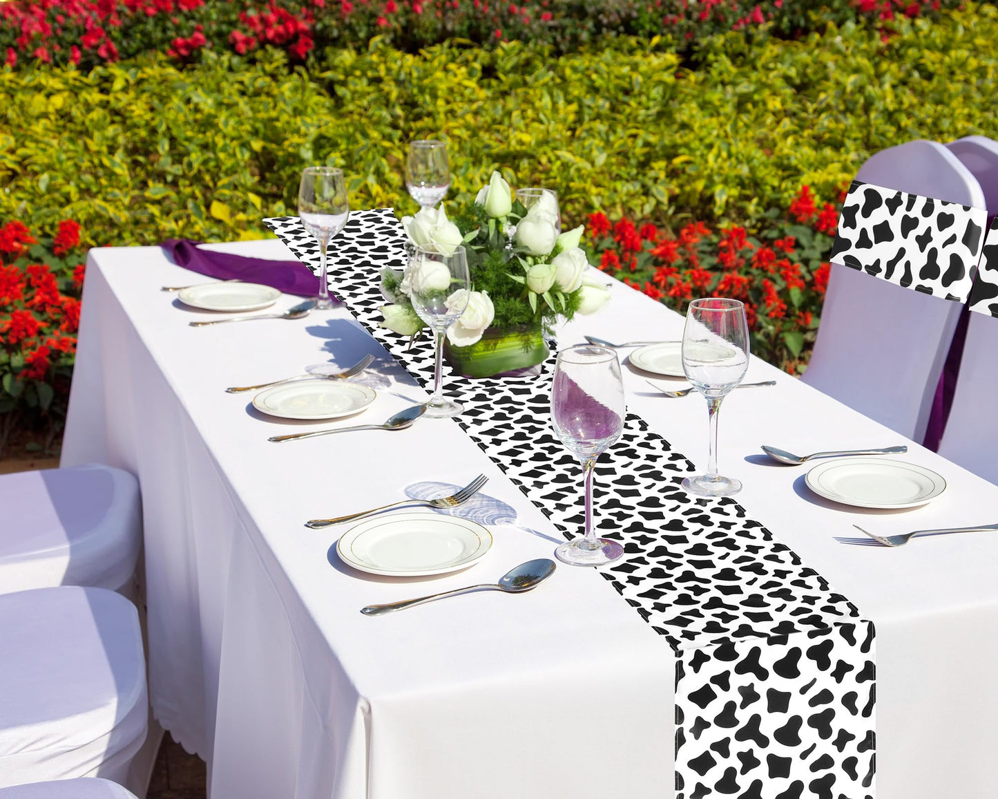 Newwiee 48 Stretch Chair Cover Sashes with 6 Table Runner 6 x 14 Inch Elastic Chair Band Ties 14 x 108 Inch Table Runner for Family Banquet Party Decoration(Cow Stripe)