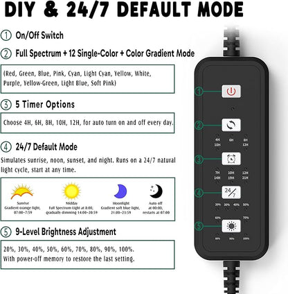 24/7 LED Aquarium Light for 18-24 Inch Plant & Fish Tank IP68, 12-Color & Gradient & Full Spectrum with Sunrise-Daylight-Moonlight, Auto On/Off, Brightness, Extendable Brackets for Freshwater