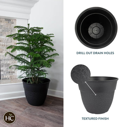 The HC Companies Brookhaven Decorative Round Planter - Lightweight Premium Resin Plant Pot with a Stonelike Texture for Indoor Outdoor Use (16 Inch Black, Pack of 2)