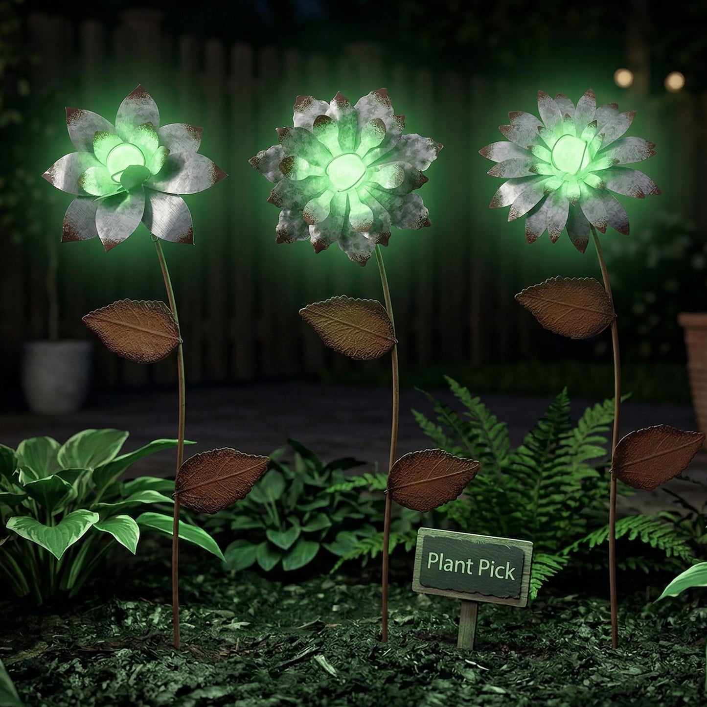 Topadorn 3-Pack Glow-in-the-Dark Metal Flower Garden Stakes, 14" Weatherproof Outdoor Plant Picks, Rustic Yard Art for Lawn & Patio