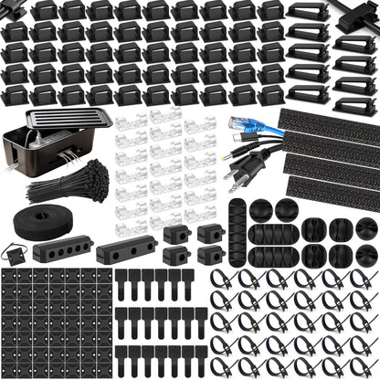 353 PCS Cable Management Kit - 1 Cable Management Box, 4 Cable Sleeve Split, 130 Adhesive Cable Clip, 17 Cable Holder, 1 Roll Cable Organizer Strap, 150 Cable Tie with 50 Mount, for Computer Desk TV