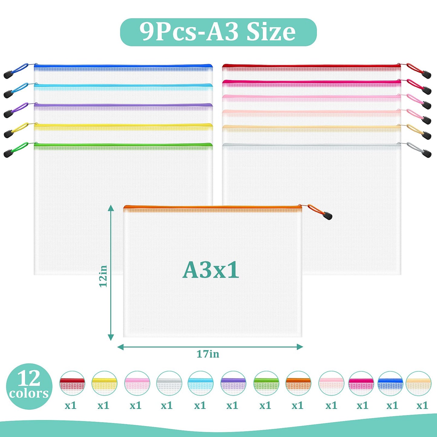 VVCOIIROEI 12pcs Mesh Zipper Pouch Bags, A3 12x17 Inches, 12 Colors Zipper Pouches for Organizing, Board Game Storage, Travel, School Office