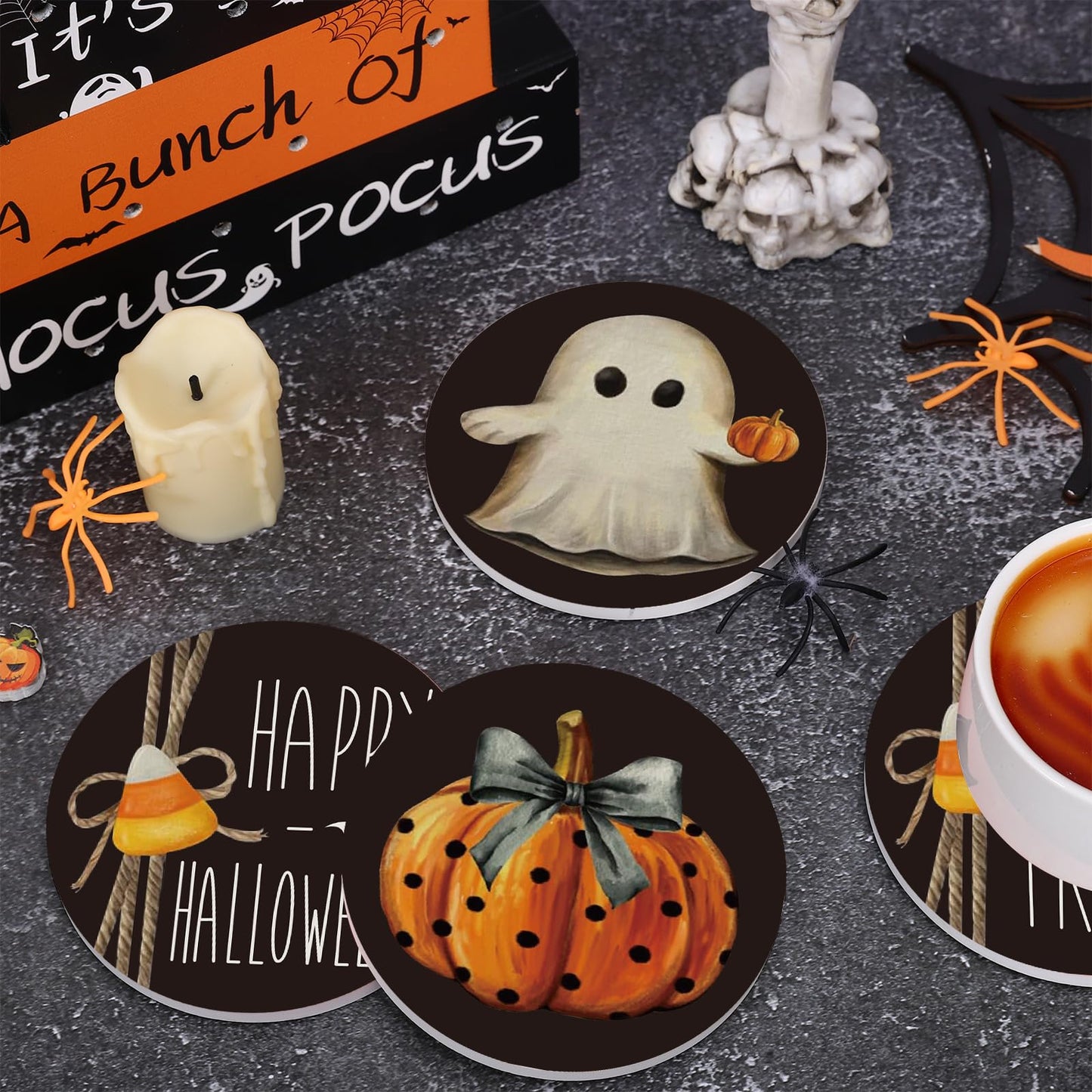 Whaline 4Pcs Happy Halloween Coasters Trick or Treat Ghost Pumpkin Ceramic Coasters Absorbent Cup Mat for Home Kitchen Office Party Table Decor