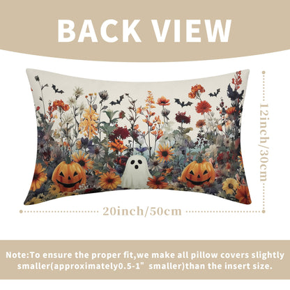 Halloween Pillow Covers 12x20 Inch Set of 2 Ghost Pumpkins Bats and Wildflower Horror Cotton Linen Decorative Throw Pillow Cases Spooky Holiday Cushion Covers for Bedroom Living Room Sofa Couch Chair