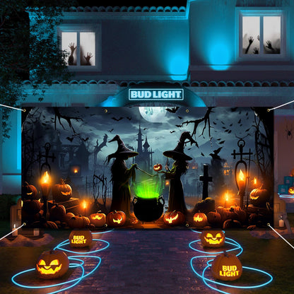 Lighted Witch Halloween Garage Door Decorations Banner - 7 x 16 ft Halloween Garage Door Cover with LED Light Strap, Large Hanging Backdrop for Home Outdoor Spooky Party Yard Decor