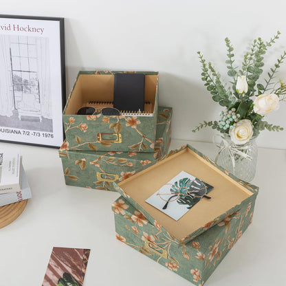 Soul & Lane Decorative Cardboard Storage Boxes - Set of 3 Square Stacking Boxes with Lids and Gold Label Holders, Nesting Photo Storage for Decor and Organizing, Botanical Sage