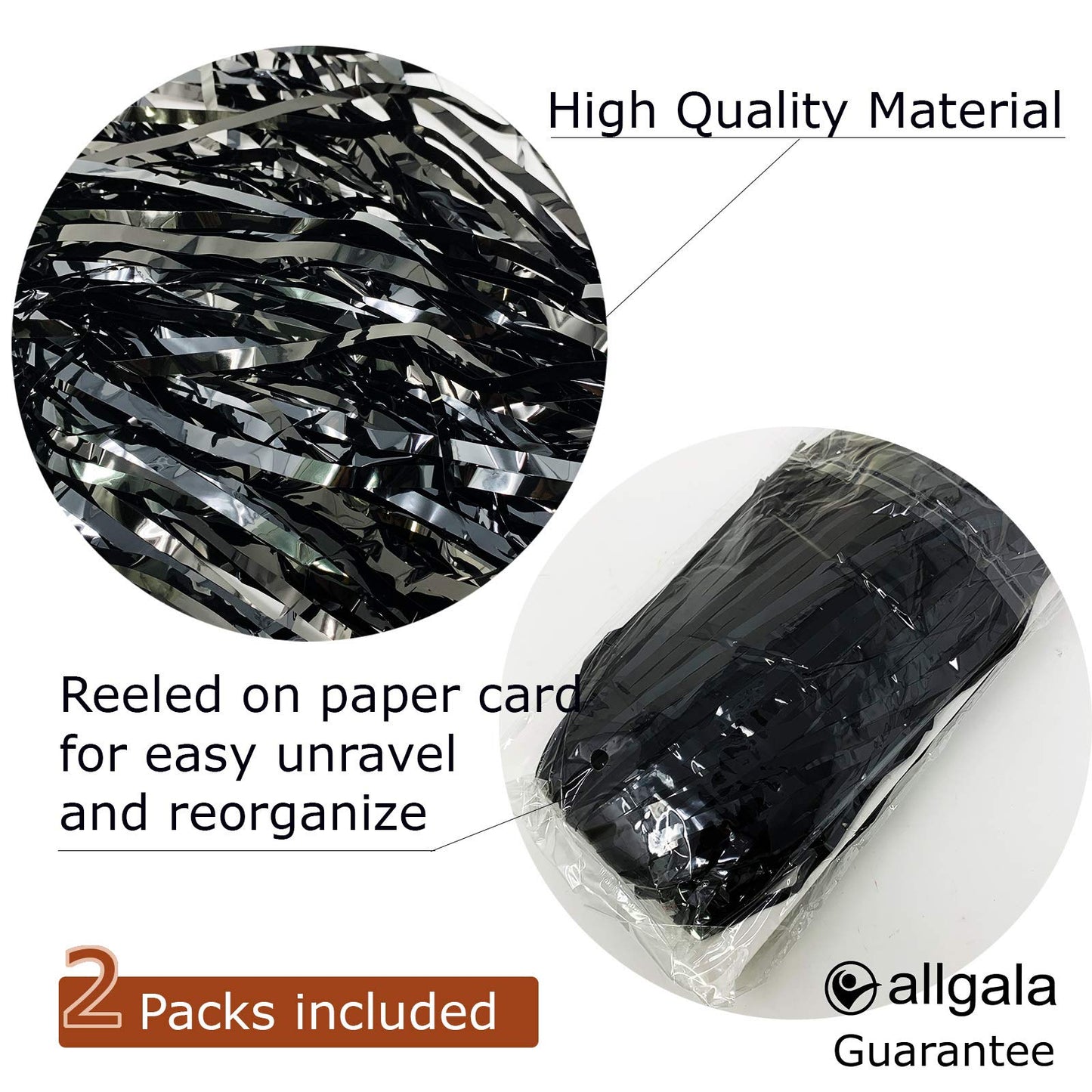 allgala Black Tinsel Table Skirt 2-Pack 29x108 Inch Metallic Foil Fringe Table Skirts for Party Event, Parade Float, Party Decoraton