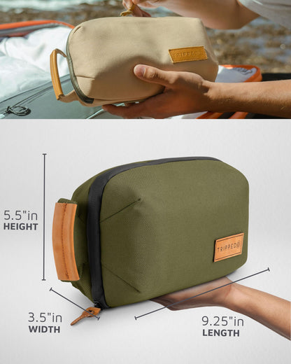 Tech Bag Organizer - Small Electronics Organizer Pouch for Travel - Premium Travel Case with Leather Accents - Mesh Pocket for Cables, Cords and Chargers (Green)