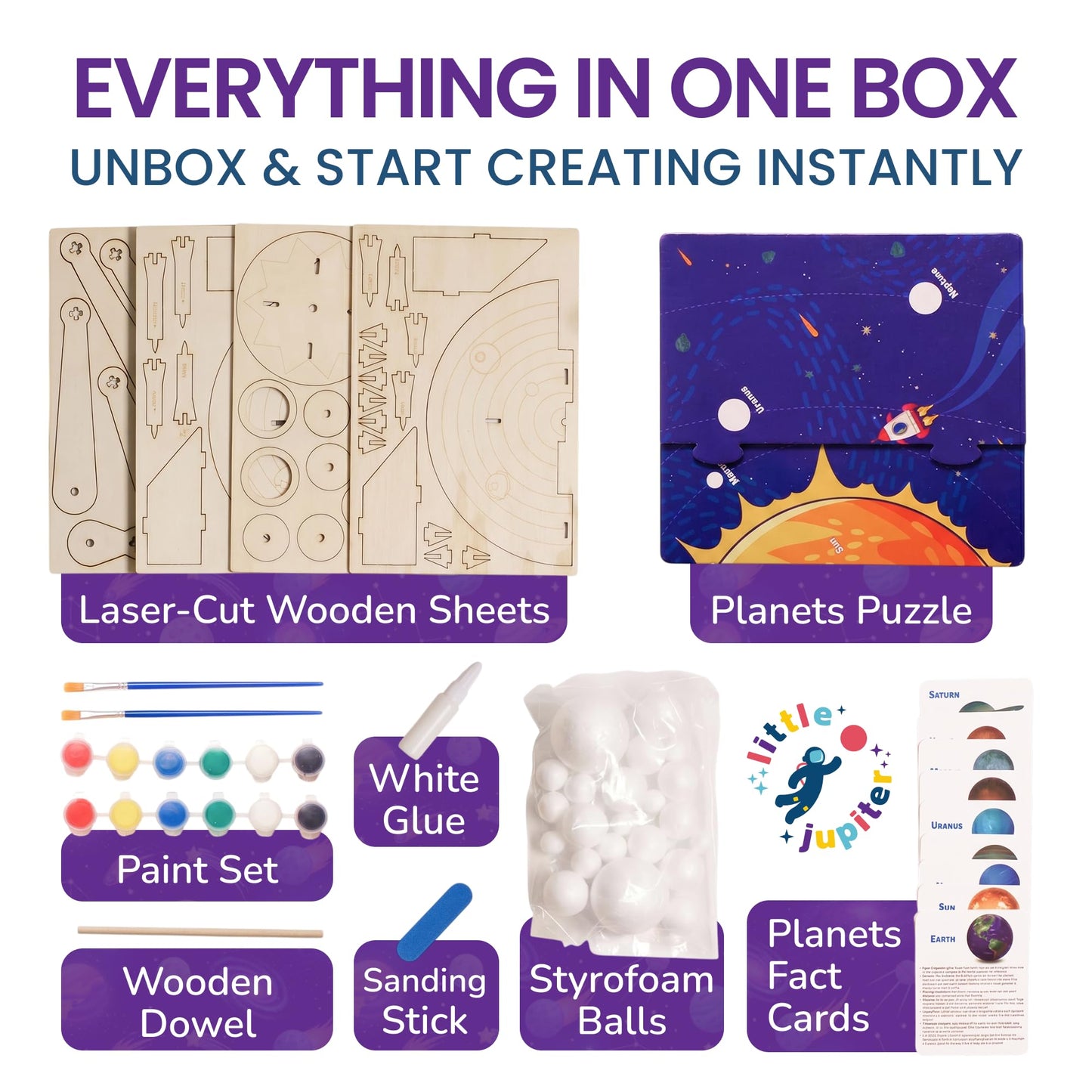 Nine Planets DIY Solar System Model for Kids - Complete Solar System Kit for Kids 8+ Years Old - Includes Wood Model & Puzzle with Fact Cards - Science Kits for 8-12 Years Old