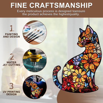 Black Cat Stained Glass Suncatcher with Cat‑Shaped Hook & Star Chain, Real Glass Window Hanging Decor, Fade‑Resistant UV Printed, Ideal Gift for Mom Women & Pet Lovers