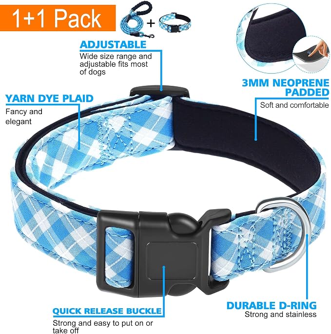 Ladoogo Reflective Dog Collar Padded with Soft Neoprene Breathable Adjustable Nylon Dog Collars for Small Medium Large Dogs (Small (Pack of 1), Vivid Blue Plaid Collar+Leash)