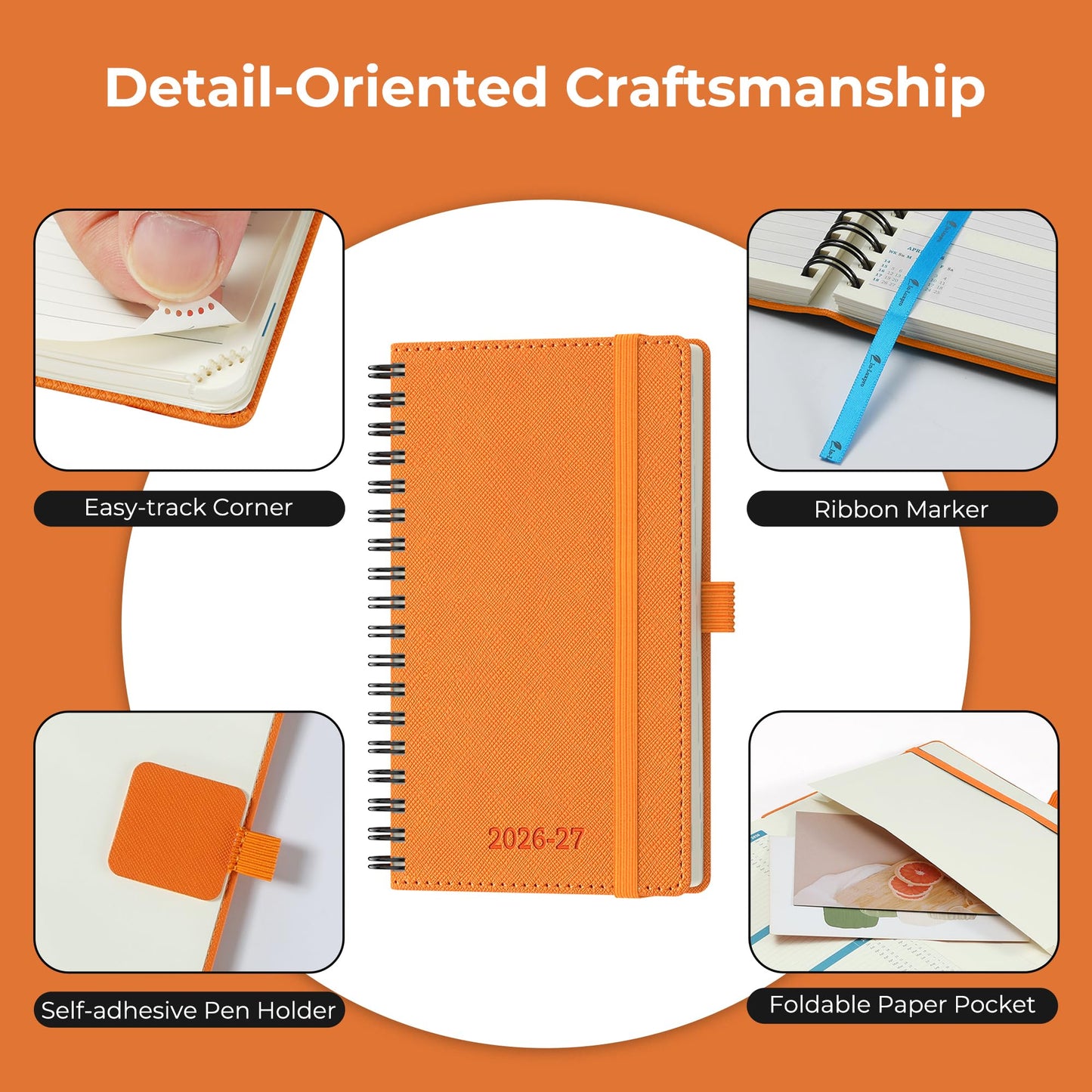 IN-LUXPRO Planner 2026-2027 Daily Weekly and Monthly,6.5"x3.75",18 Months Spiral Bound Calendar Agenda with Self-adhesive Pen Holder,2026 Academic Plan with Vegan Leather Soft Cover,Orange