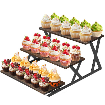 KALYLOC 3 Tier Cupcake Stand, Wooden Risers Dessert Table Display Set, Rustic Tiered Tray Stand Cupcake Tower for Party Farmers Market Wedding Birthday Baby Shower (Brown, X-Shape)