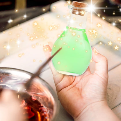 Eco-Fused Cosplay Potion Bottle 2x (Big/Small) - Clear Spherical, Wizard, Costume Accessory - Incl. Cork Stopper, Brown Faux Leather Sleeve Holder, Belt Loop