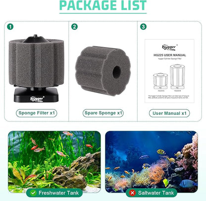 hygger Self-Sinking Sponge Filter for 3–30 Gallon Aquarium, Air Powered Foam Filter for Freshwater & Saltwater Tanks, Betta & Shrimp Safe