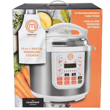 MasterChef 13-in-1 Pressure Cooker- 6 QT Electric Digital Instant MultiPot w 13 Programmable Functions- High and Low Pressure Slow Non-Stick Pot Cooking Warmer Options, LED Display, Delay Timer, Rice