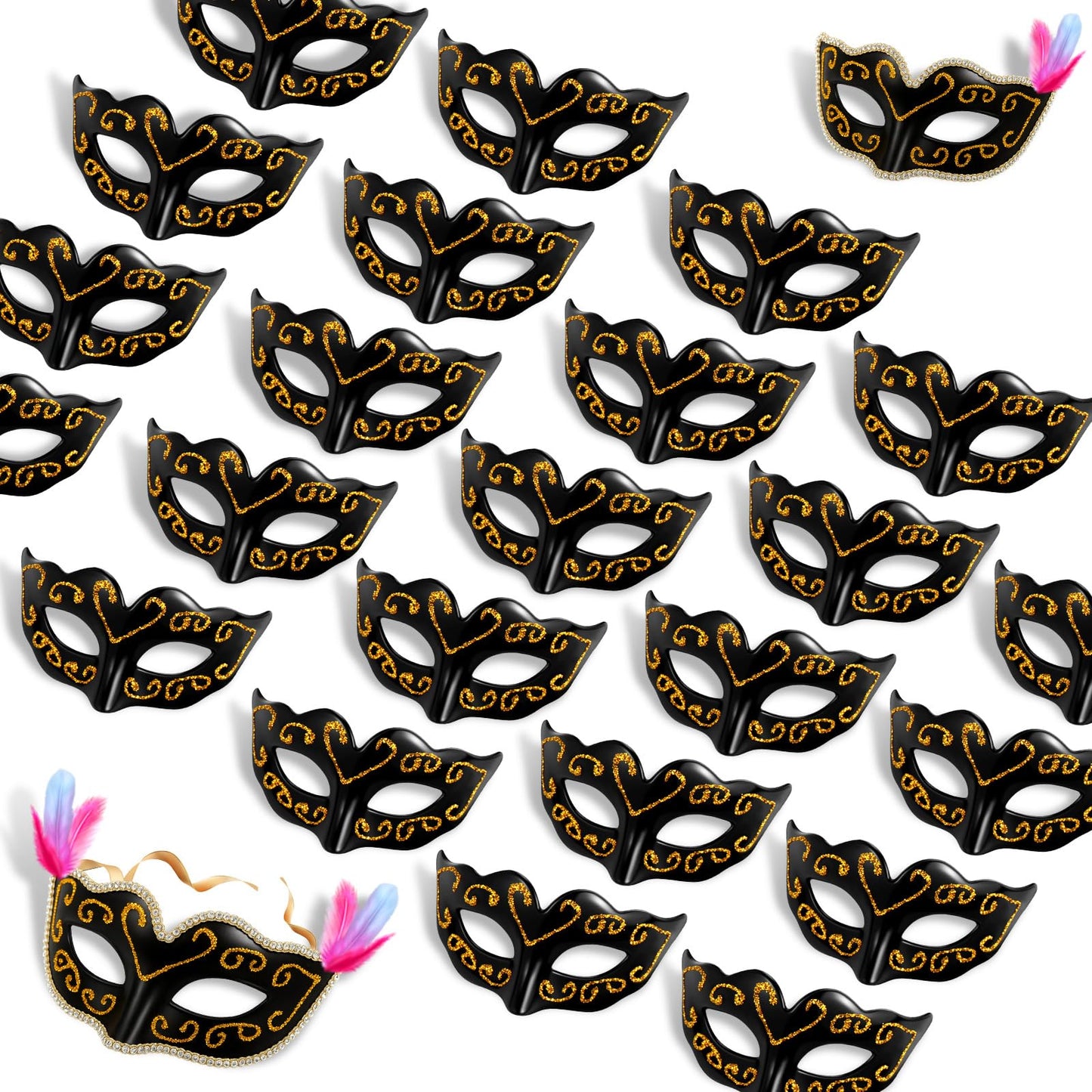 Vinsot 24 Pcs Black 24/48 Pcs Mini Mask Masquerade Small Masquerade Mask Party Decor Decorative Cake Topper Venetian Centerpiece Decor