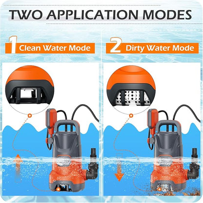 Sump Pump with Float 1HP Clean/Dirty Submersible Water Pump Electric 4500GPH for Pool Draining Spa Hot Tubs Ponds, Orange