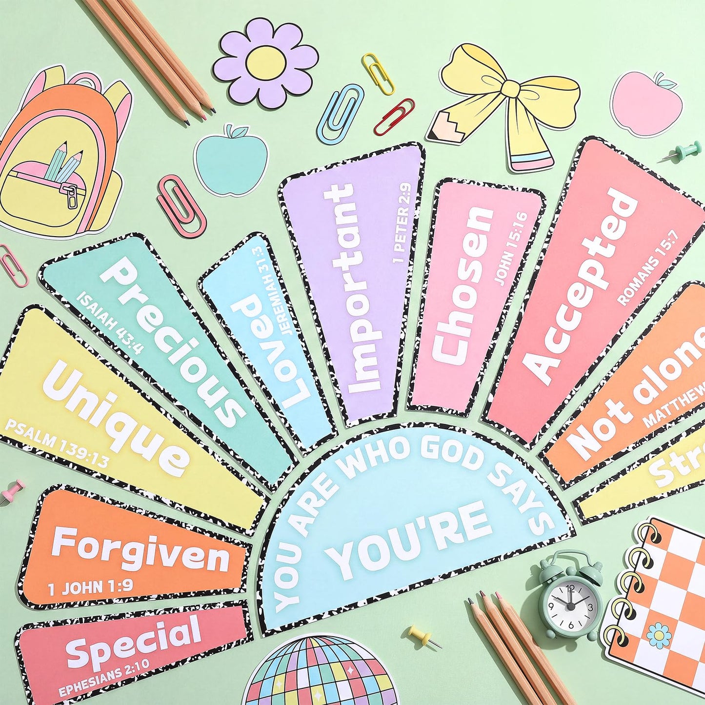 Gueevin 52 Pcs Christian Bulletin Board Decoration Set Composition Pastel Checkerboard Classroom Paper Cutouts Religious Bible Inspirational Bulletin Board for Back to School Sunday School Home Church