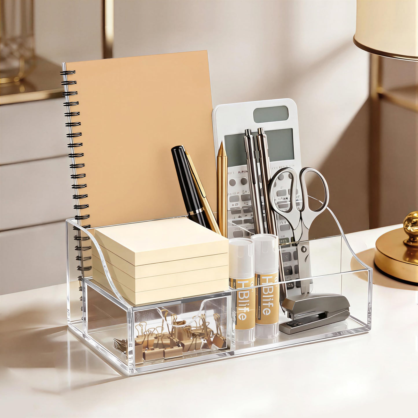 HBlife Acrylic Desk Organizer with Drawer, Pen & Pencil Holder, Multifunctional Desktop Caddy for Office Supply and Organization (Clear)