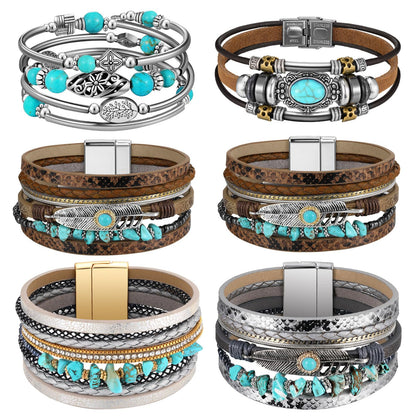 Sasylvia 6 Pcs Turquoise Bracelet for Women Leather Bracelet Western Jewelry for Women Multilayer Boho Cuff Bangle Set(Classic)